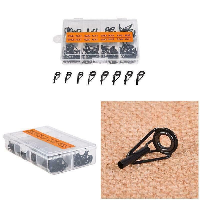 80 Fishing Rod Guide Set Tackle Tips Repair Kits Ring 8 Size Stainless Steel Box