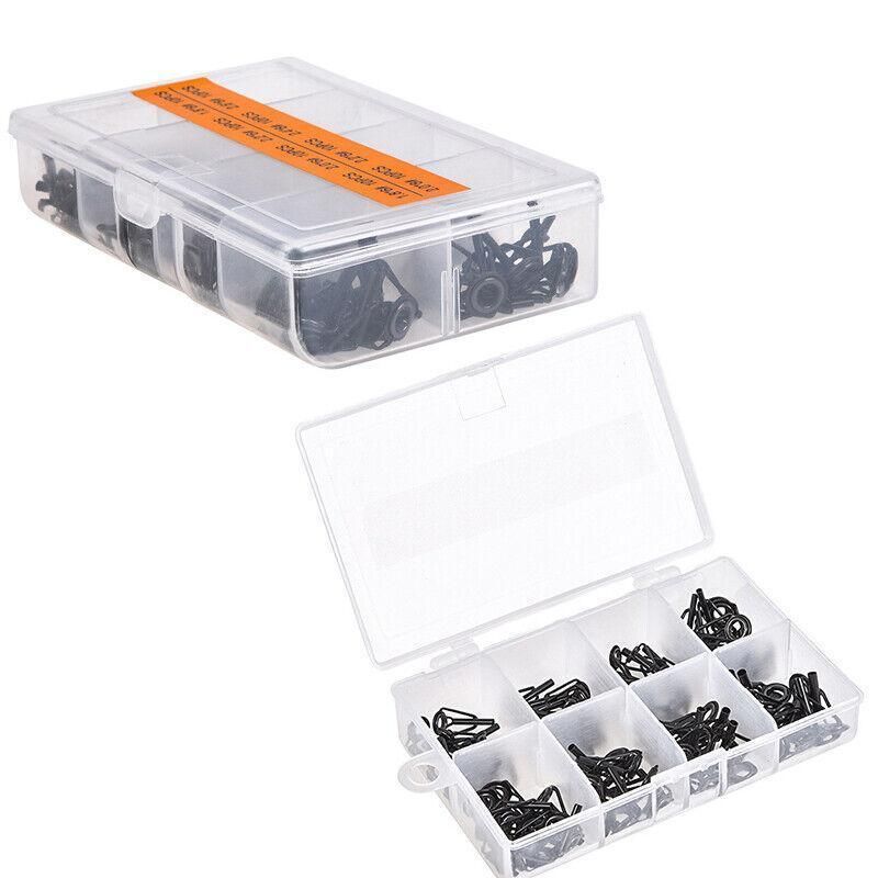 80 Fishing Rod Guide Set Tackle Tips Repair Kits Ring 8 Size Stainless Steel Box