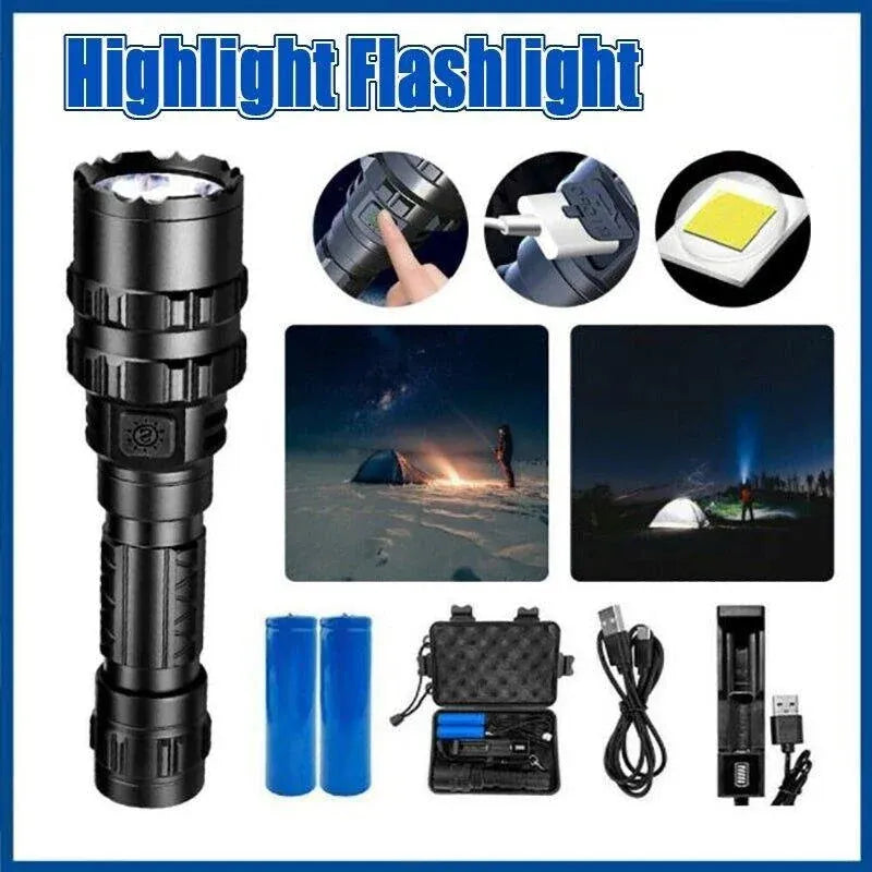 150000Lm Cree L2 Led Tactical Flashlight Usb Rechargeable Camping Hunting Torch