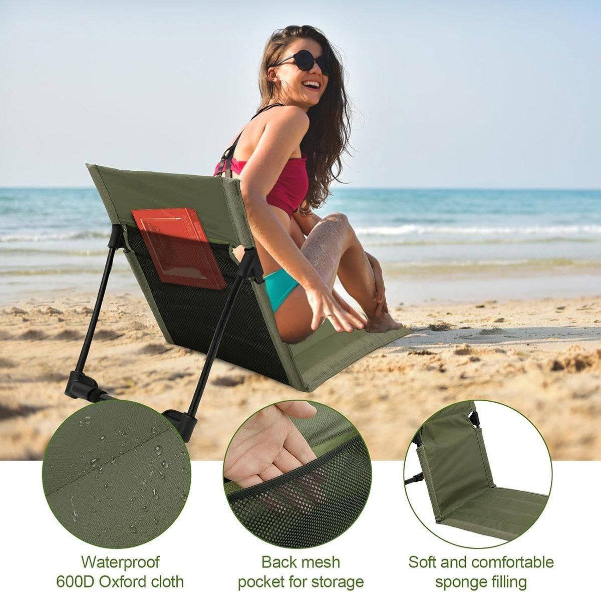 Folding Portable Camping Chair Lightweight Stool with Backrest Outdoor Bench - Khaki