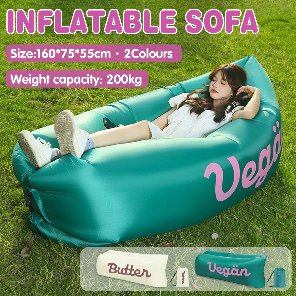 Inflatable Sofa Outdoor Portable Lazy Air Lounge For Camping Picnic Lightweight - Beige