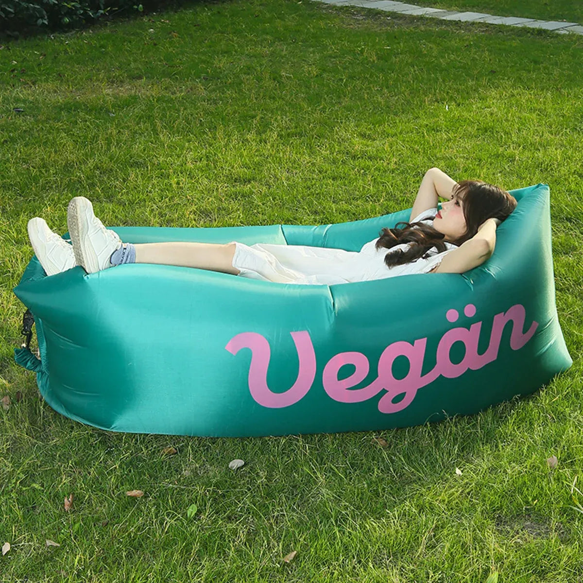 Inflatable Sofa Outdoor Portable Lazy Air Lounge For Camping Picnic Lightweight - Beige
