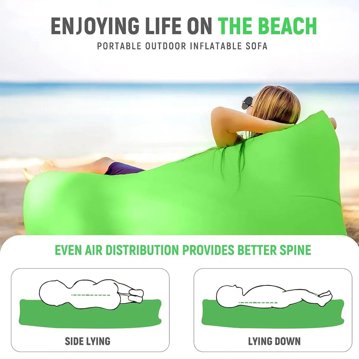 Fast Inflatable Lazy Lounge Air Sofa Bed Camping Beach Hangout Sleeping Bag - Green