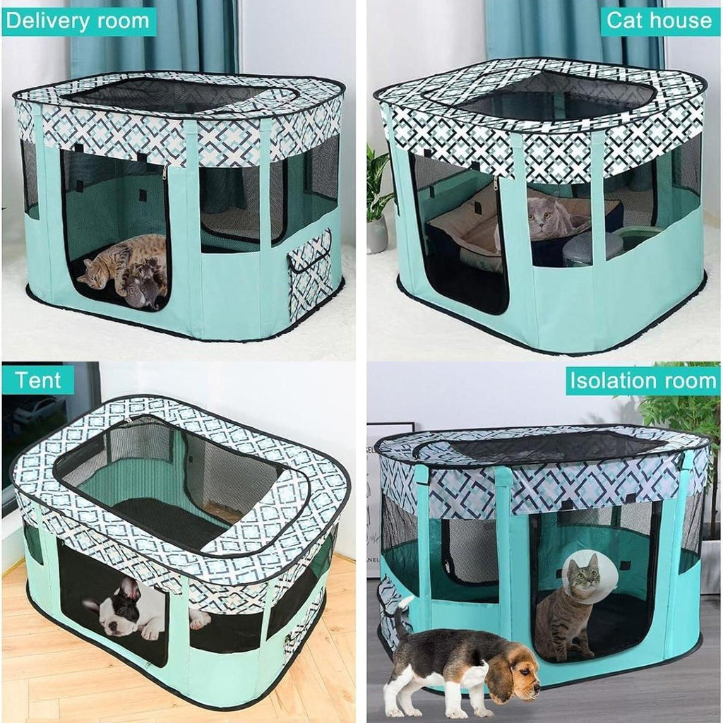 Foldable Cat Dog Kennel Pet Delivery Cage Portable Pet Fence Tent - Cyan-L