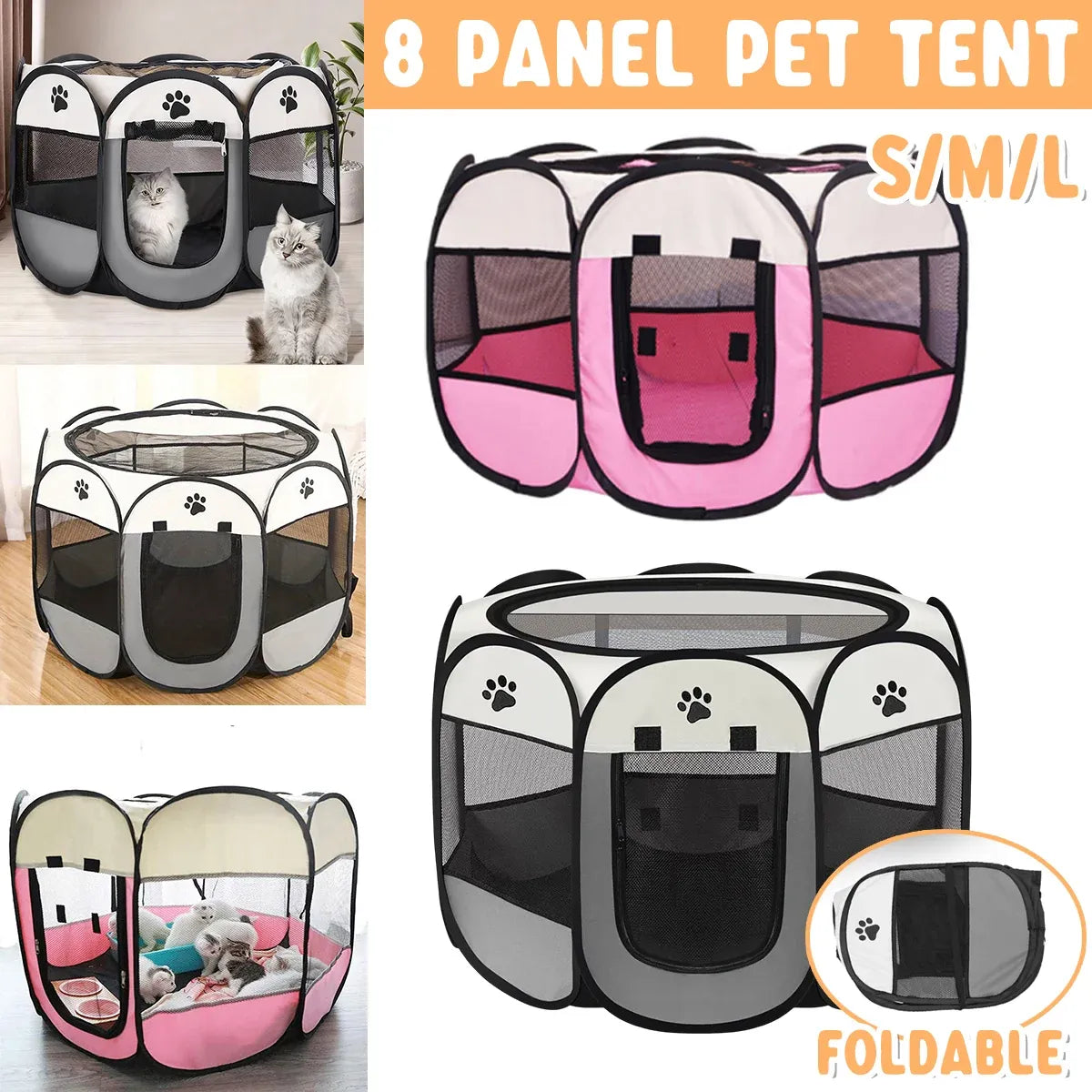 Pet Fence Indoor Cat Dog Tent Octagonal Fence Portable Foldable Cage Kennel - L-Coffee