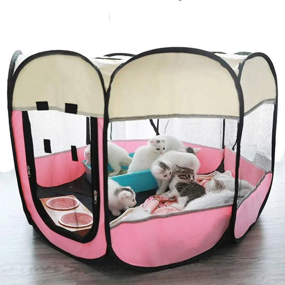 Pet Fence Indoor Cat Dog Tent Octagonal Fence Portable Foldable Cage Kennel - L-Coffee