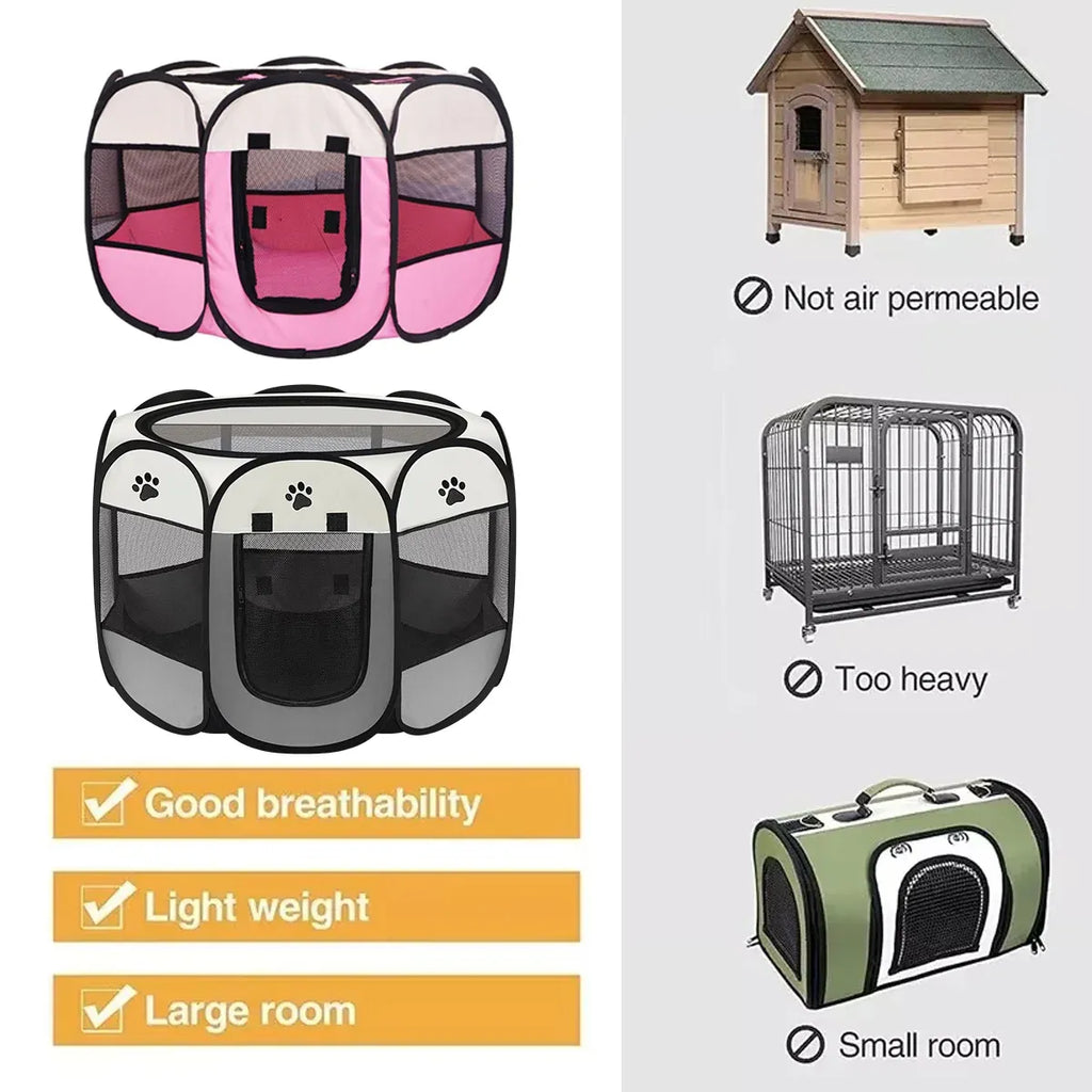 Pet Fence Indoor Cat Dog Tent Octagonal Fence Portable Foldable Cage Kennel - L-Coffee