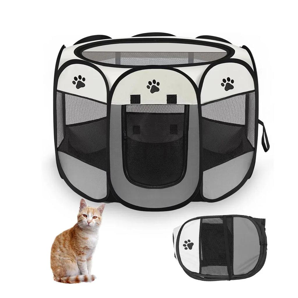 Pet Fence Indoor Cat Dog Tent Octagonal Fence Portable Foldable Cage Kennel - L-Coffee