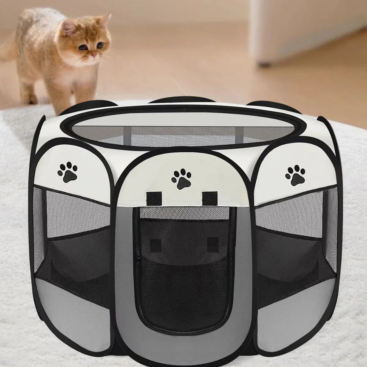Pet Fence Indoor Cat Dog Tent Octagonal Fence Portable Foldable Cage Kennel - L-Coffee