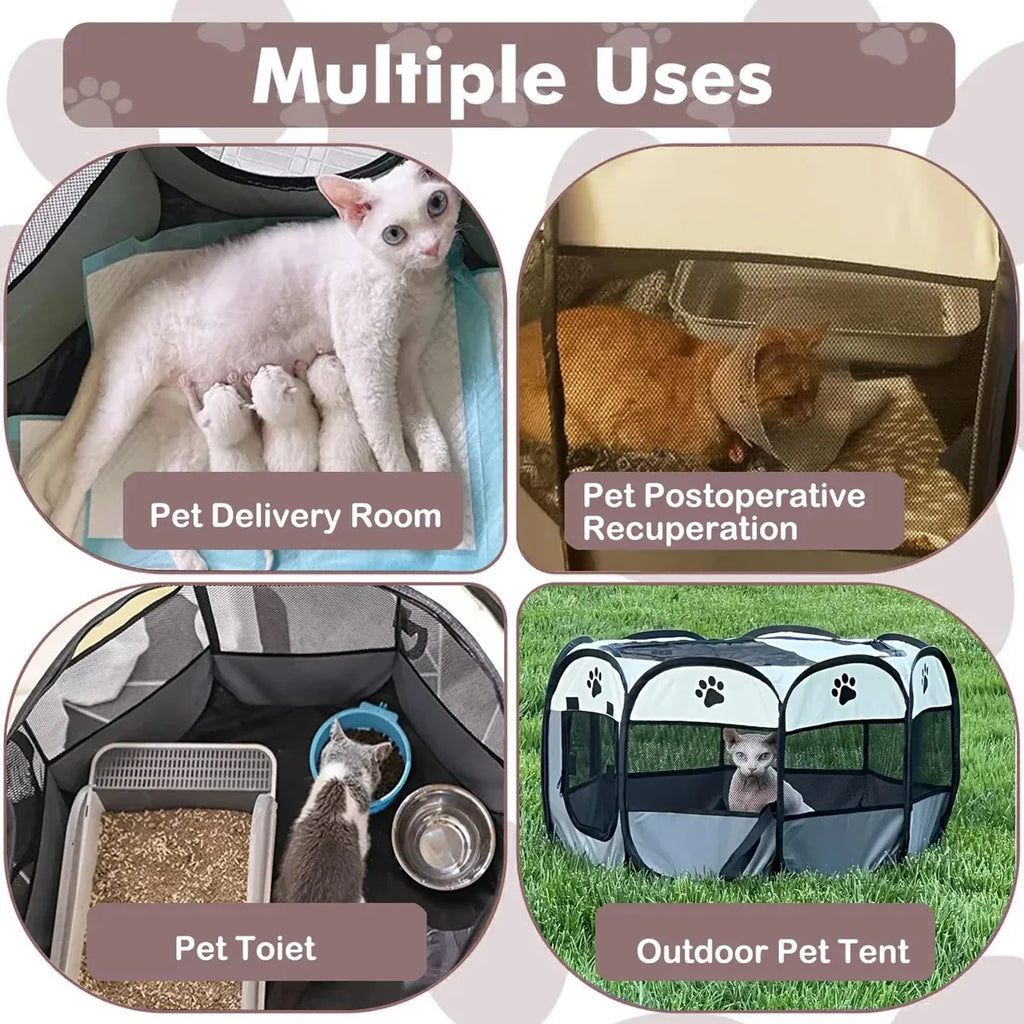 Pet Fence Indoor Cat Dog Tent Octagonal Fence Portable Foldable Cage Kennel - L-Coffee
