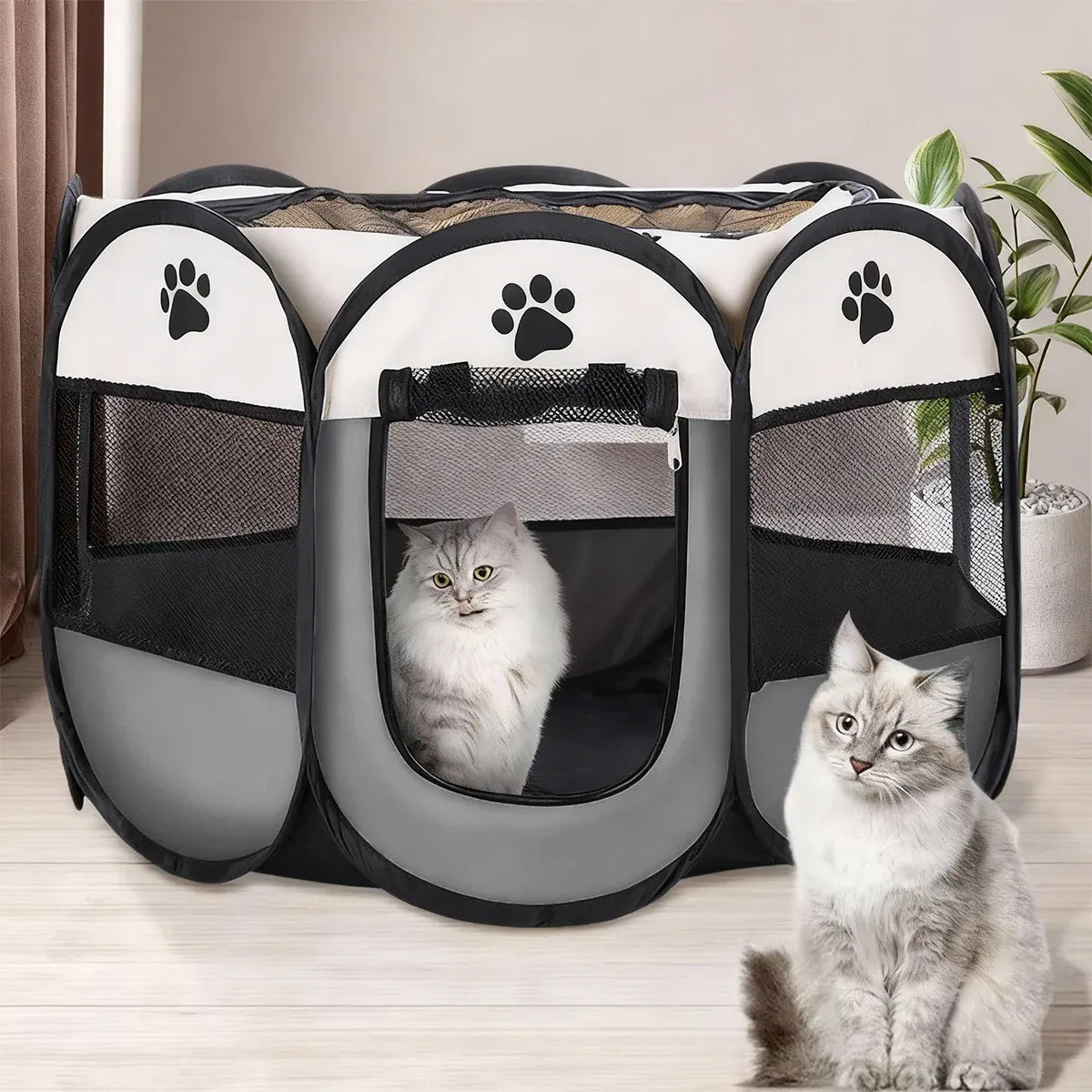 Pet Fence Indoor Cat Dog Tent Octagonal Fence Portable Foldable Cage Kennel - L-Coffee