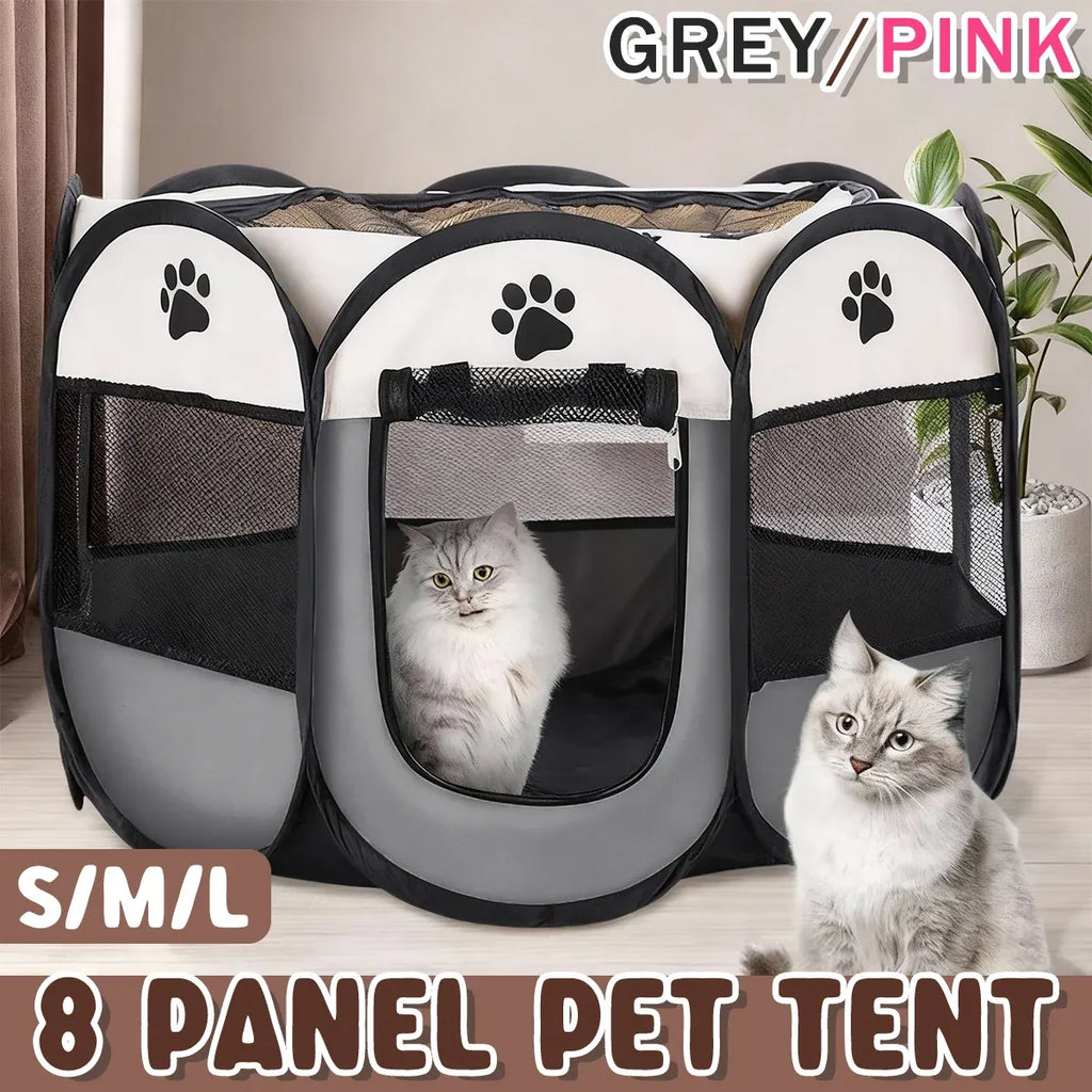 Pet Fence Indoor Cat Dog Tent Octagonal Fence Portable Foldable Cage Kennel - L-Coffee
