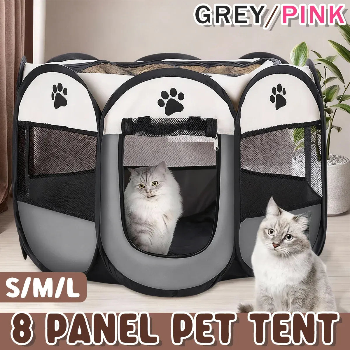 Pet Fence Indoor Cat Dog Tent Octagonal Fence Portable Foldable Cage Kennel - L-Coffee