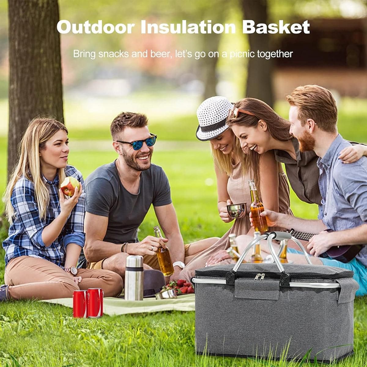 Folding Picnic Basket Insulated Cooler Bag Portable Outdoor Grocery Storage - Black