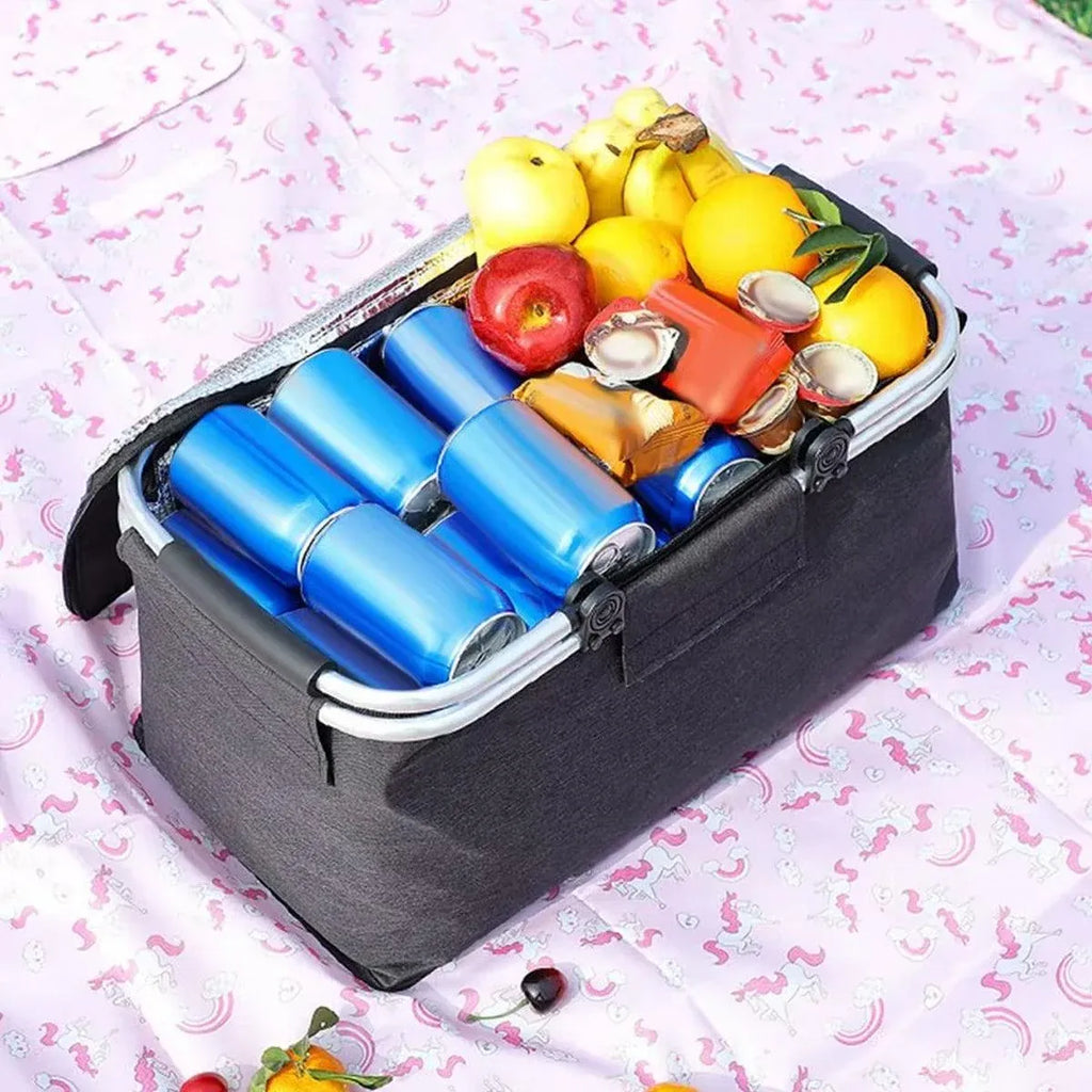 Folding Picnic Basket Insulated Cooler Bag Portable Outdoor Grocery Storage - Black