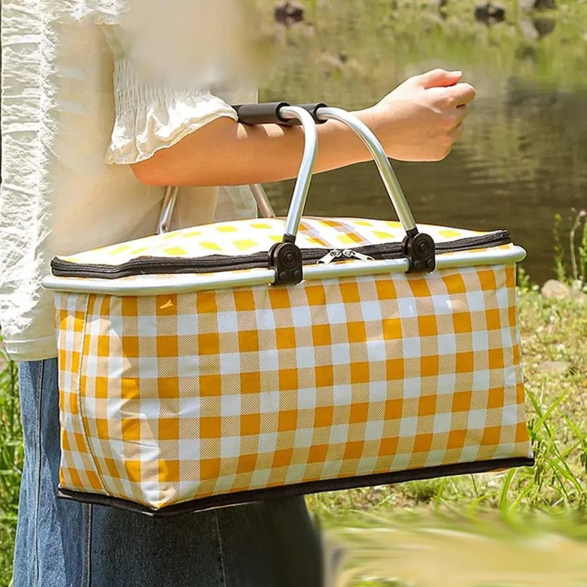 Foldable Picnic Basket Outdoor Camping Carrying Basket Portable Food Storage - Green