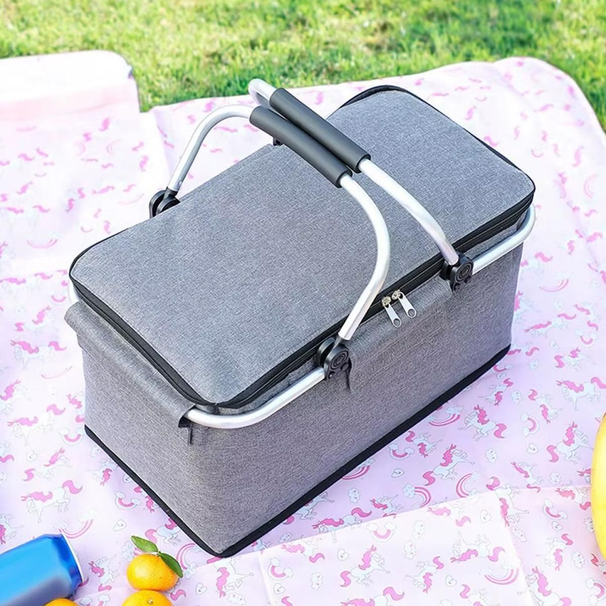 Folding Picnic Basket Insulated Cooler Bag Portable Outdoor Grocery Storage - Grey