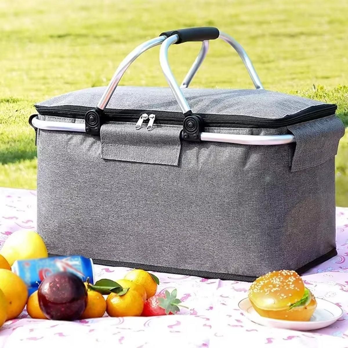 Folding Picnic Basket Insulated Cooler Bag Portable Outdoor Grocery Storage - Grey