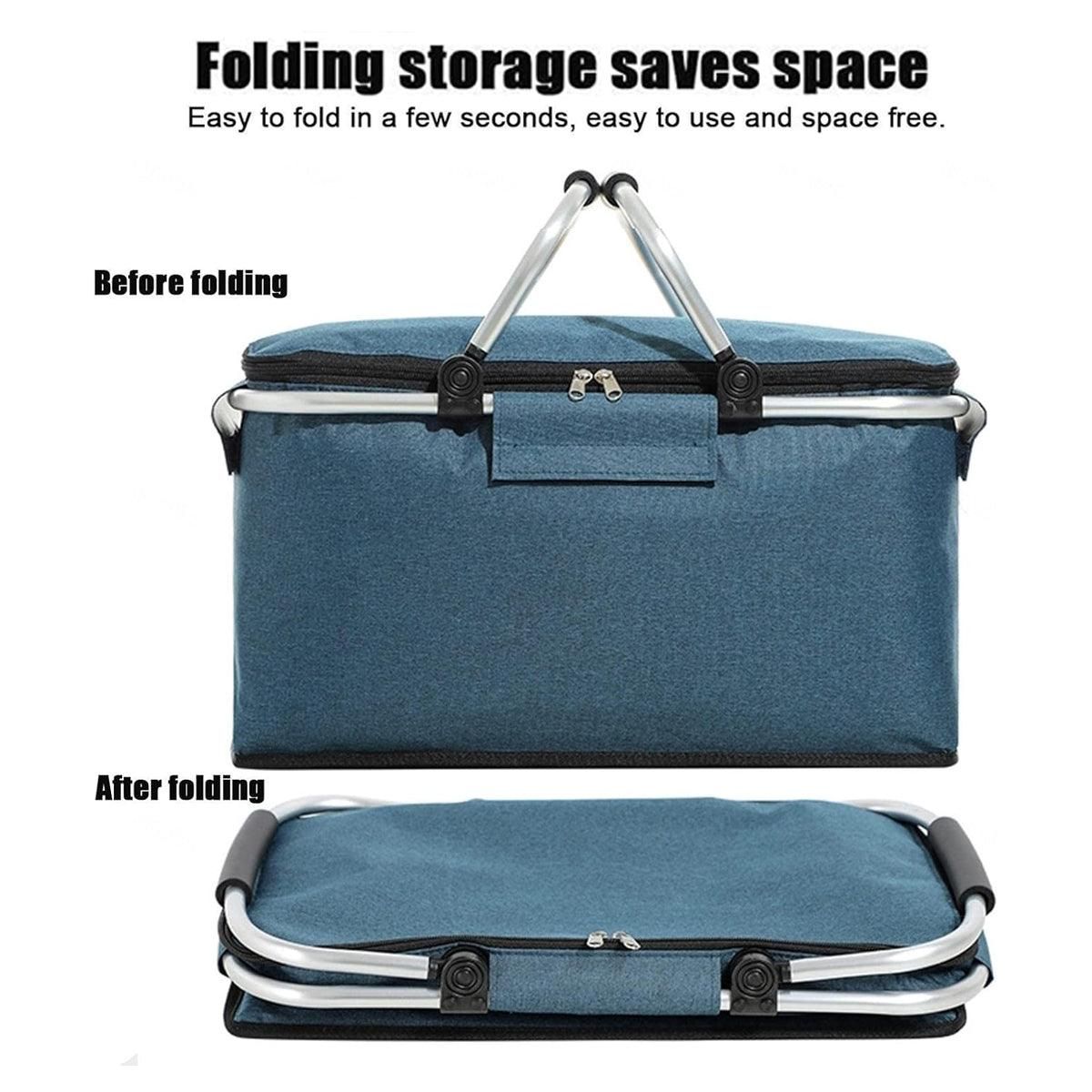 Folding Picnic Basket Insulated Cooler Bag Portable Outdoor Grocery Storage - Grey