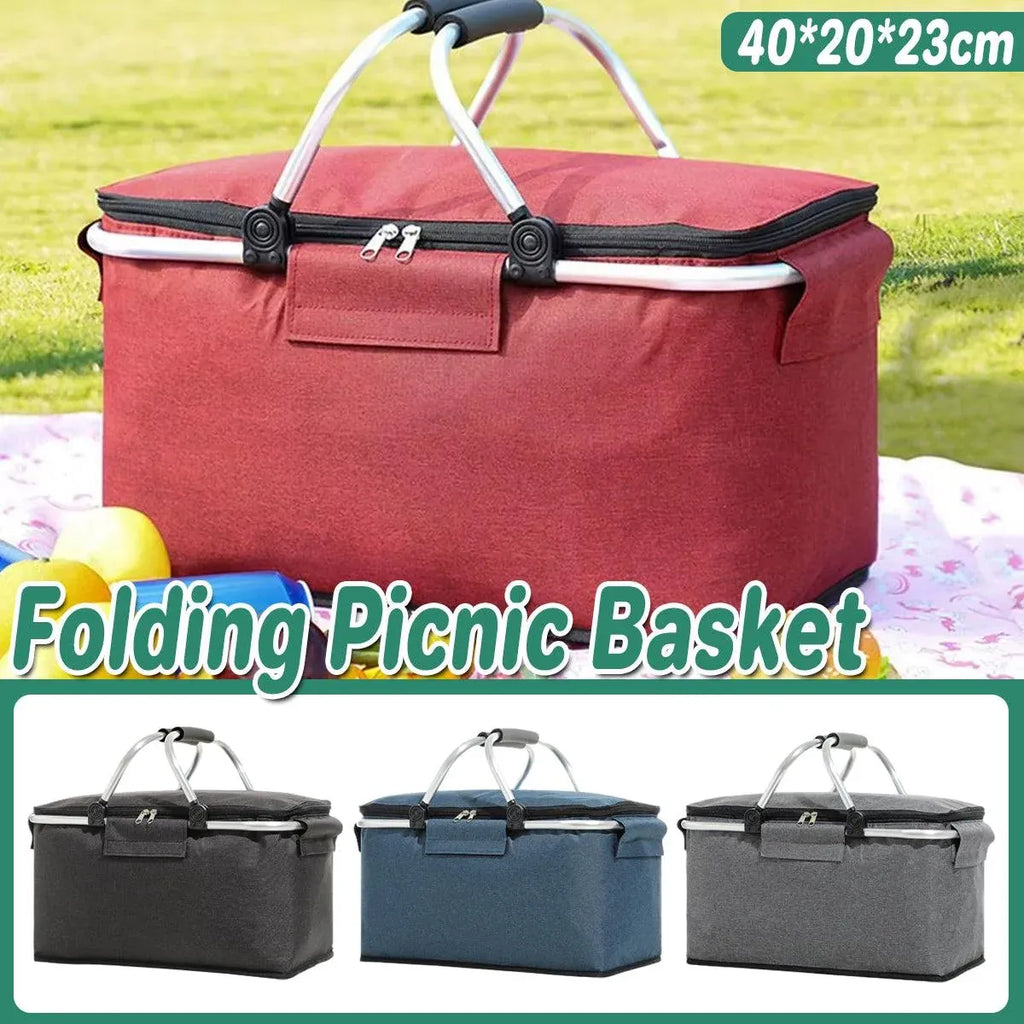 Folding Picnic Basket Insulated Cooler Bag Portable Outdoor Grocery Storage - Grey