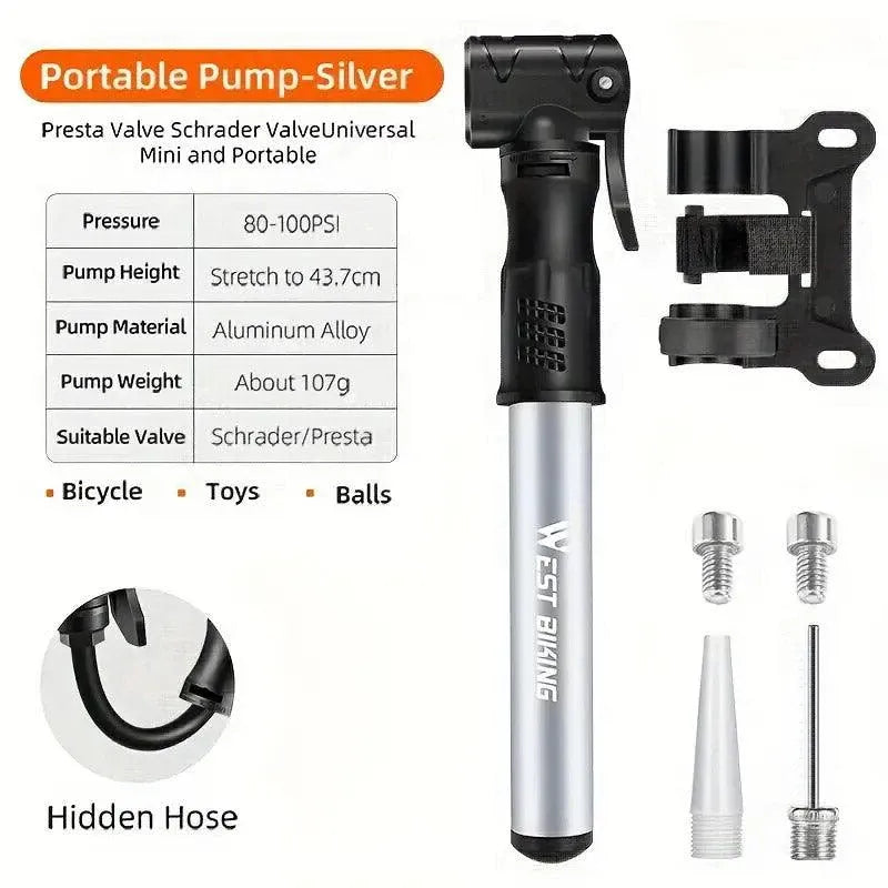 Portable Bicycle Pump Mini Inflatable Tube Pump Tire Inflator for Bike Cycling - Silver