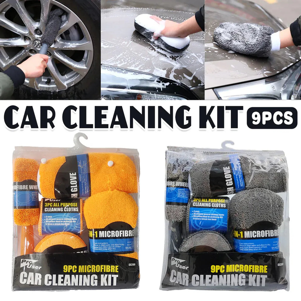 9PCS Car Cleaning Kit Microfiber Towel Wax Sponge Wheel Brush Gloves Set Use - Orange