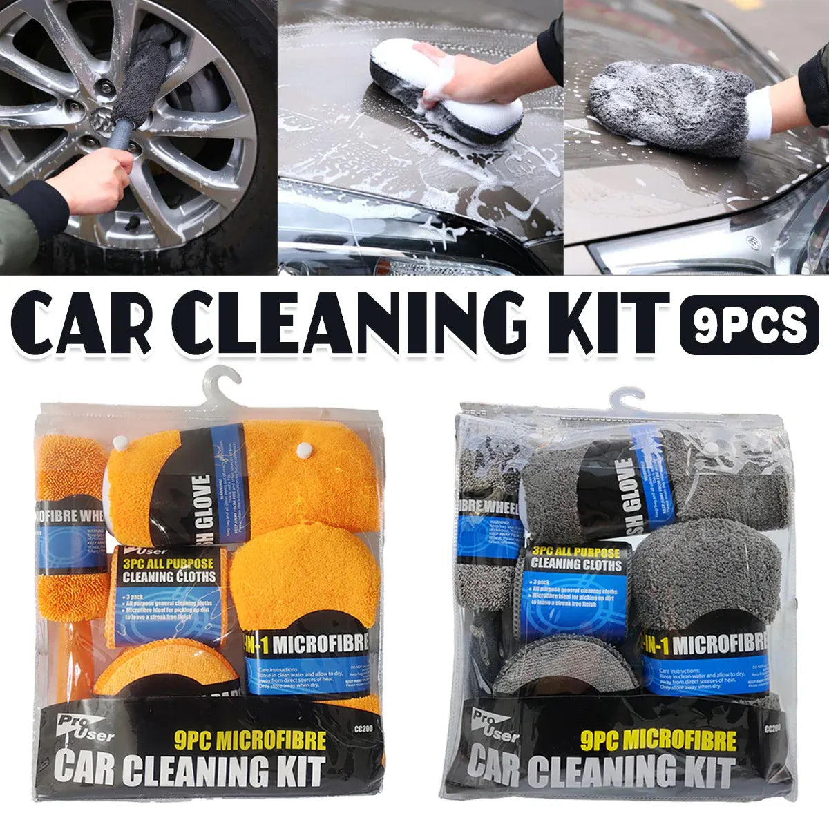 9PCS Car Cleaning Kit Microfiber Towel Wax Sponge Wheel Brush Gloves Set Use - Orange