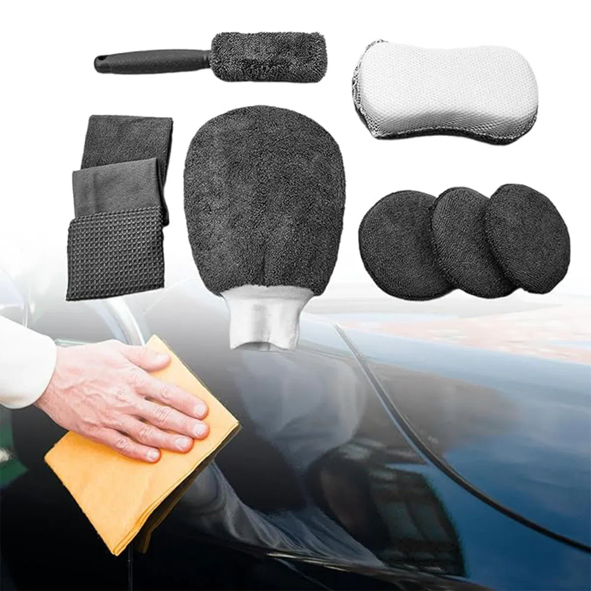 9PCS Car Cleaning Kit Microfiber Towel Wax Sponge Wheel Brush Gloves Set Use - Orange