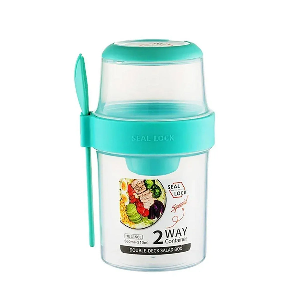 Double Plastic Salad Cup with Fork Sealed Breakfast Container for On-the-Go Meal - 560ml-Green