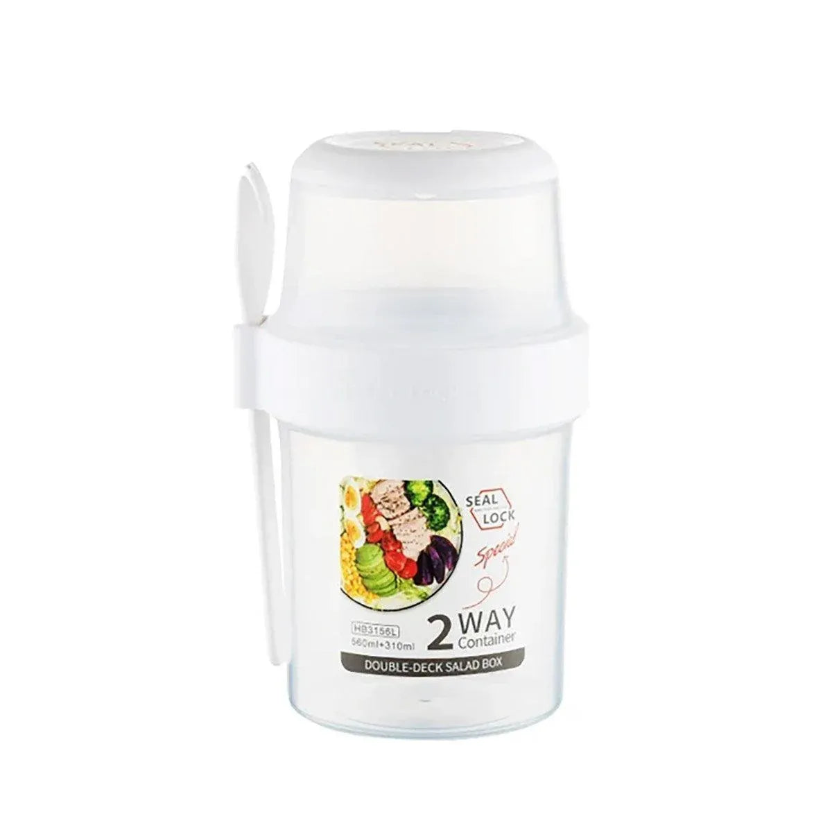Double Plastic Salad Cup with Fork Sealed Breakfast Container for On-the-Go Meal - 560ml-White
