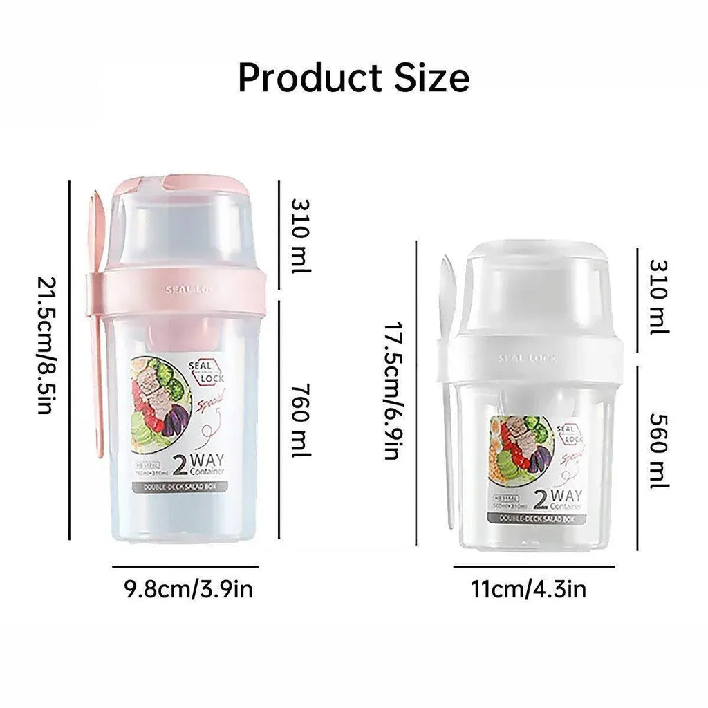 Double Plastic Salad Cup with Fork Sealed Breakfast Container for On-the-Go Meal - 560ml-White