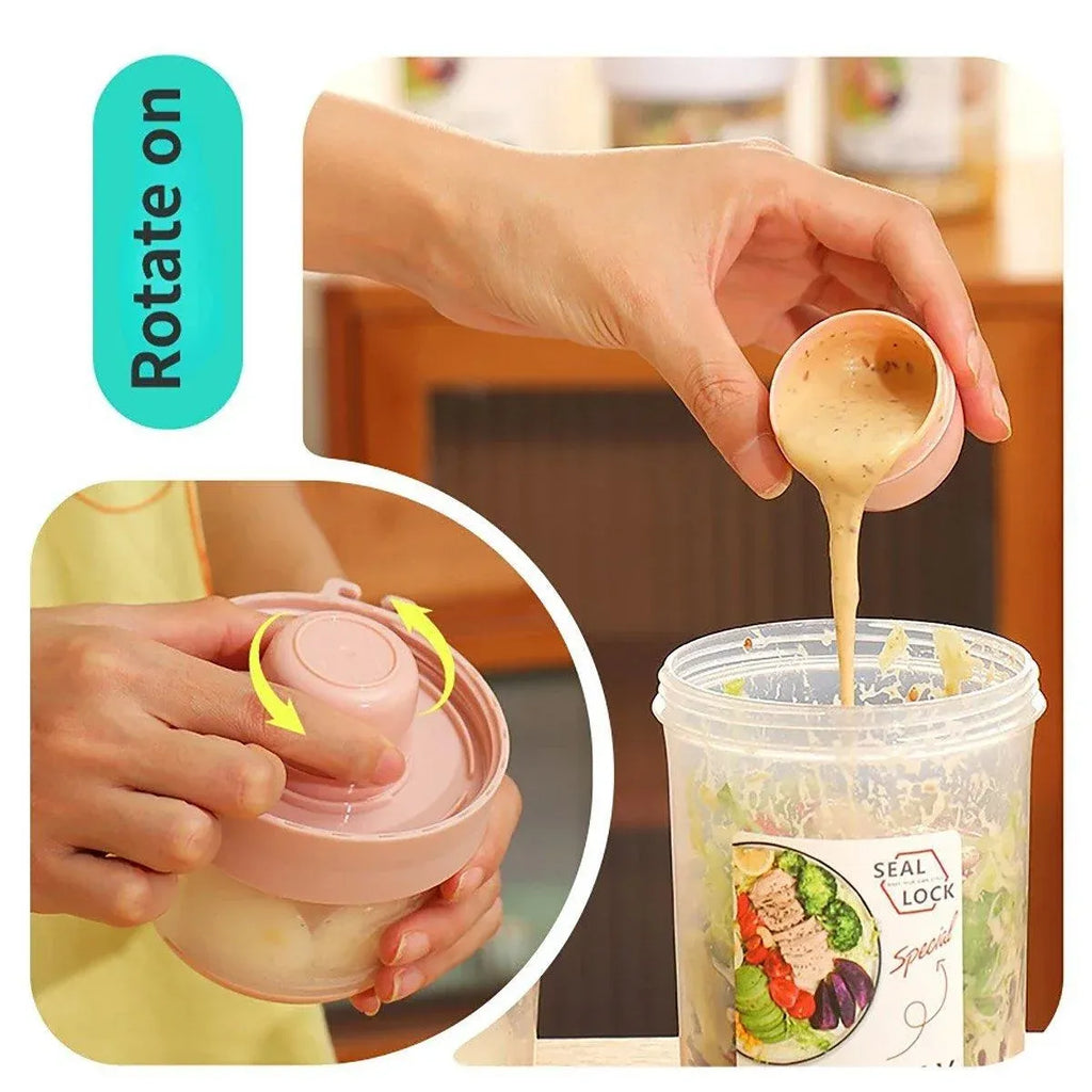Double Plastic Salad Cup with Fork Sealed Breakfast Container for On-the-Go Meal - 560ml-White