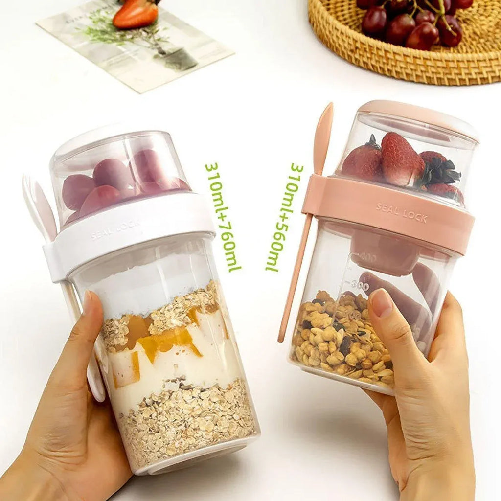 Double Plastic Salad Cup with Fork Sealed Breakfast Container for On-the-Go Meal - 760ml-Green