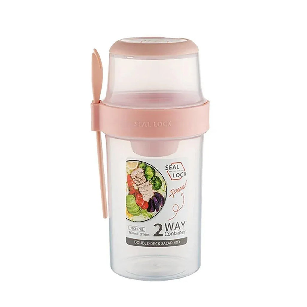 Double Plastic Salad Cup with Fork Sealed Breakfast Container for On-the-Go Meal - 760ml-Pink
