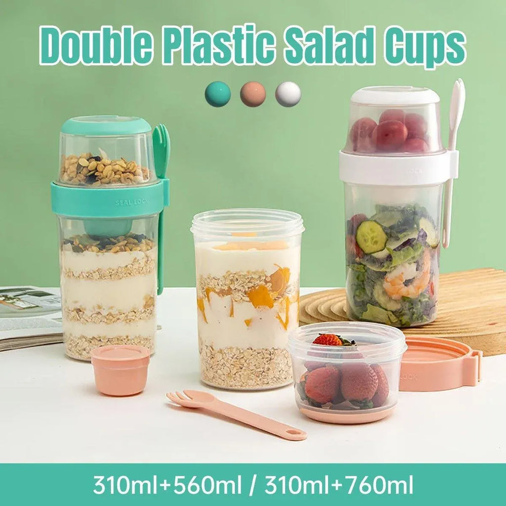 Double Plastic Salad Cup with Fork Sealed Breakfast Container for On-the-Go Meal - 760ml-Pink