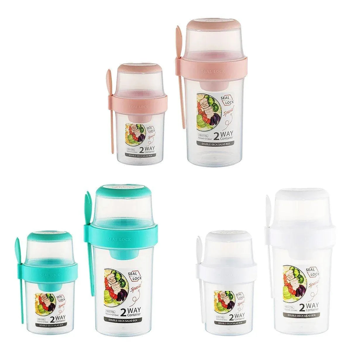 Double Plastic Salad Cup with Fork Sealed Breakfast Container for On-the-Go Meal - 760ml-Pink