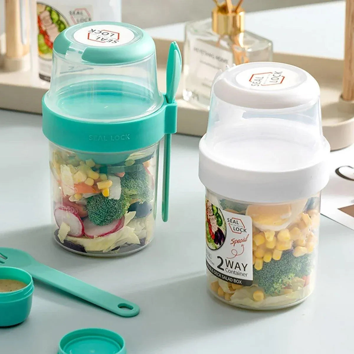 Double Plastic Salad Cup with Fork Sealed Breakfast Container for On-the-Go Meal - 760ml-Pink