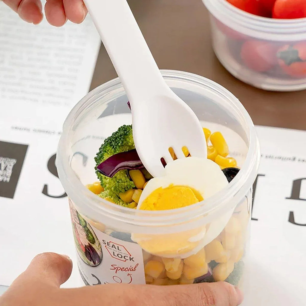 Double Plastic Salad Cup with Fork Sealed Breakfast Container for On-the-Go Meal - 760ml-Pink