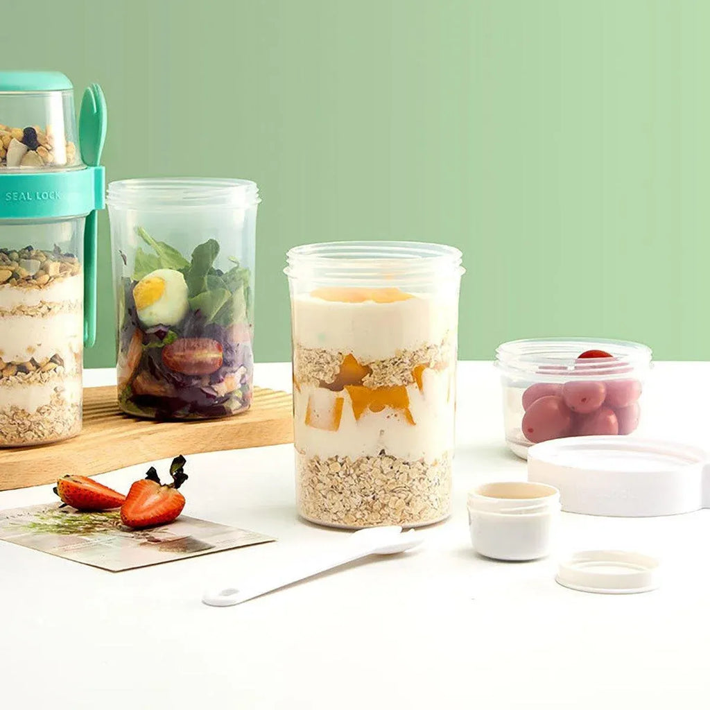 Double Plastic Salad Cup with Fork Sealed Breakfast Container for On-the-Go Meal - 760ml-Pink