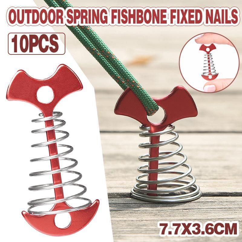 10PCS Spring Fishbone Tent Pegs Deck Anchors for Outdoor Camping and Tarp Setup