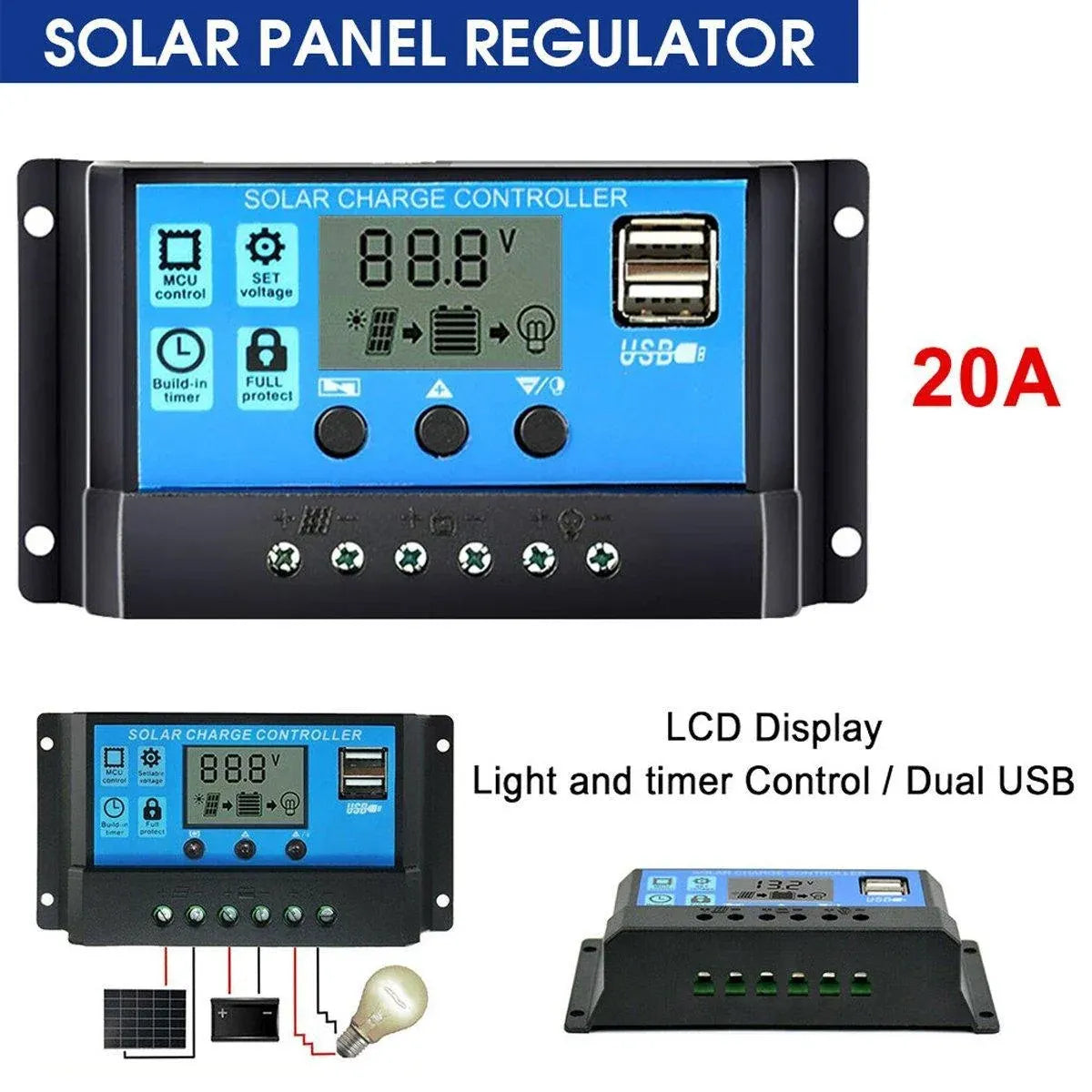 20A Solar Charge Controller 12V 24V LCD 2 USB Ports Lead-Acid Regulator