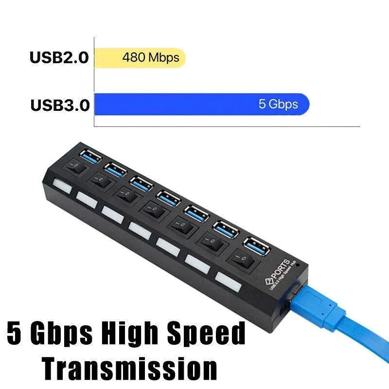 7 Port Usb 3.0 High Speed Extension Hub Splitter Extender For Pc Laptop Macbook - White