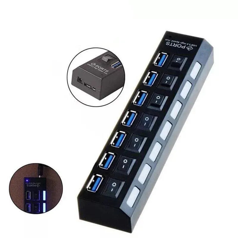 7 Port Usb 3.0 High Speed Extension Hub Splitter Extender For Pc Laptop Macbook - White