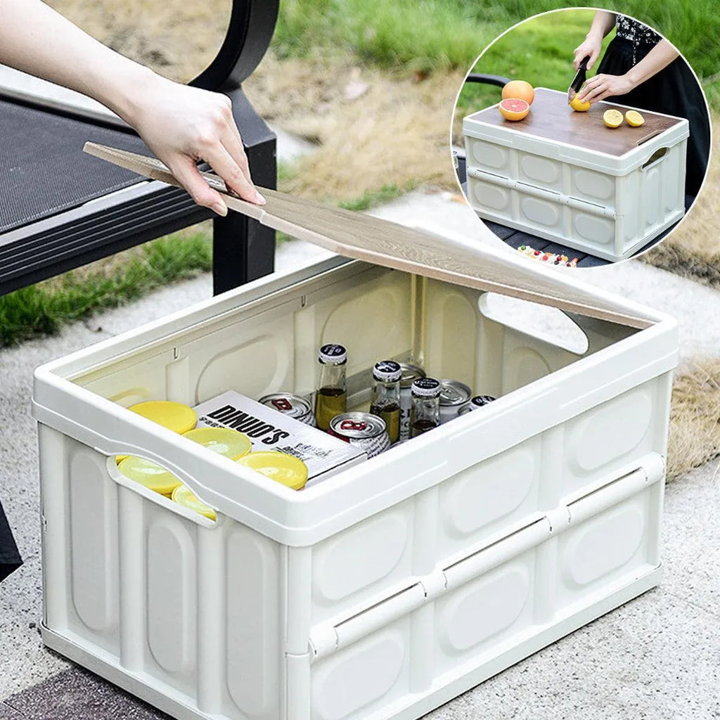 Folding Camping Storage Box Outdoor Stackable Container with Lid Home Organizer - White