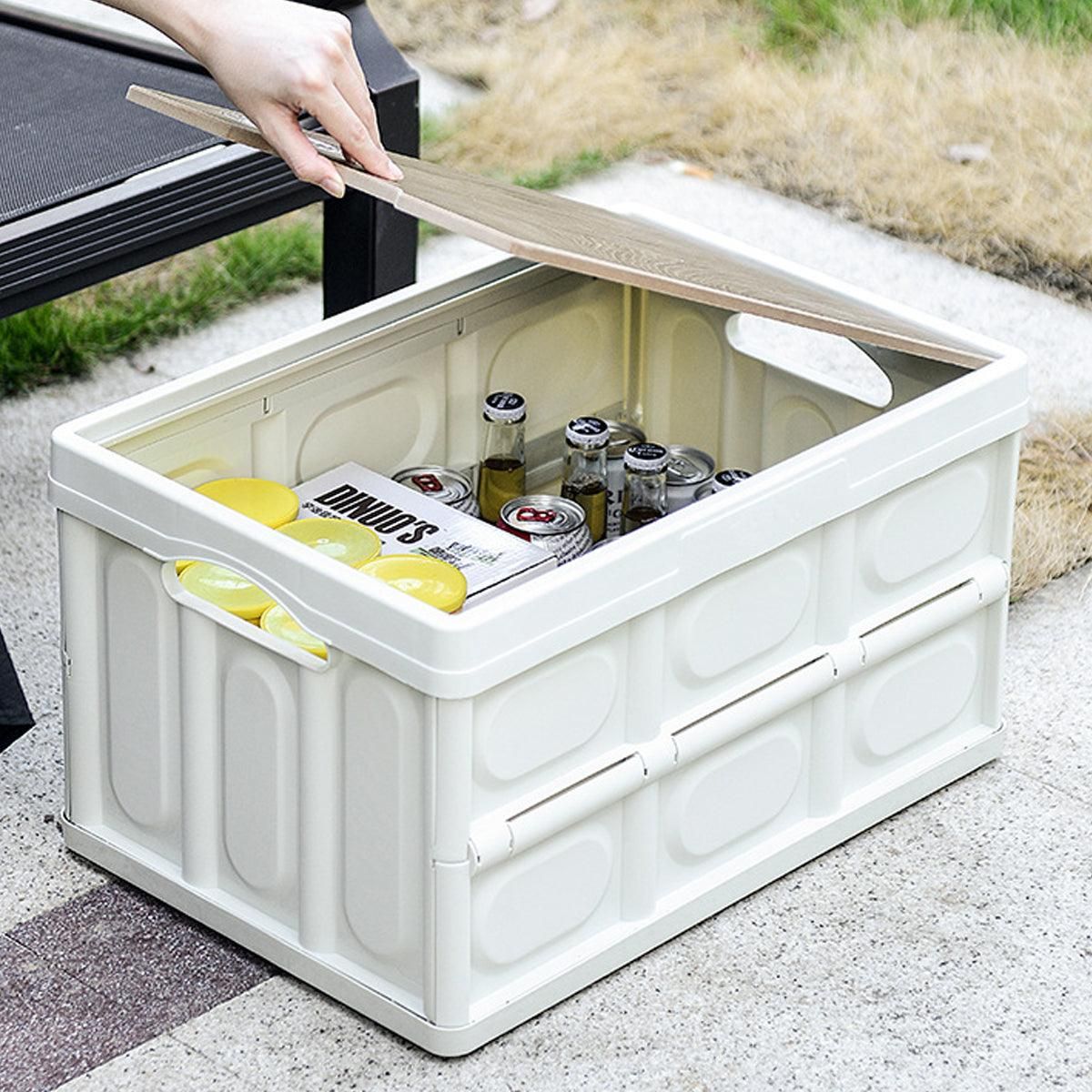 Folding Camping Storage Box Outdoor Stackable Container with Lid Home Organizer - White