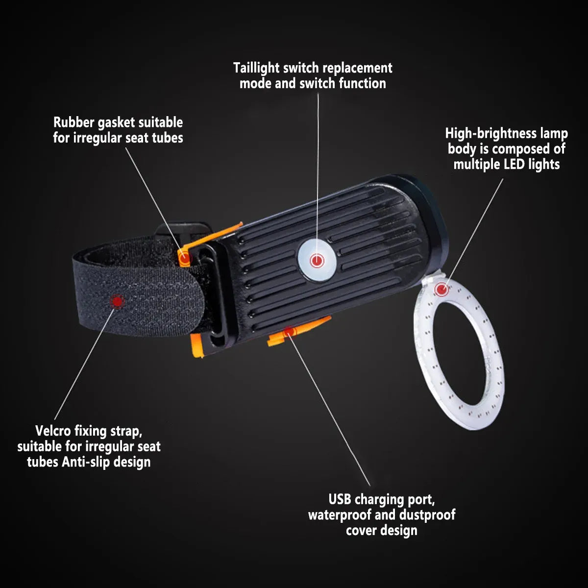 1-Piece USB-Rechargeable Circular Bicycle Tail Light