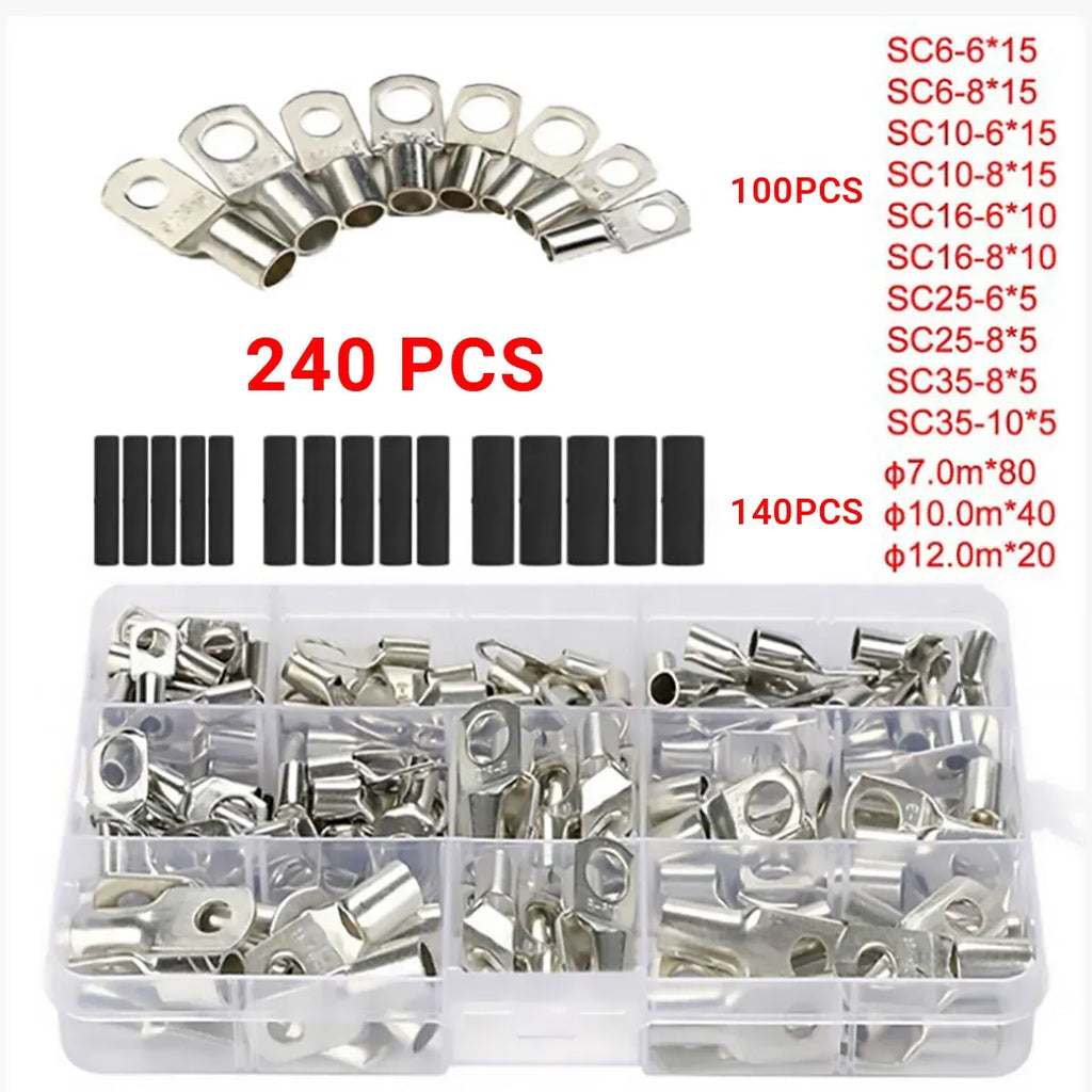 240Pcs 4WD Cable Lug Ring Battery Copper Tube Connector Kits Terminal Crimper - 240X SC4-SC25 Cable Lug Kits+Heat Shrink Tube