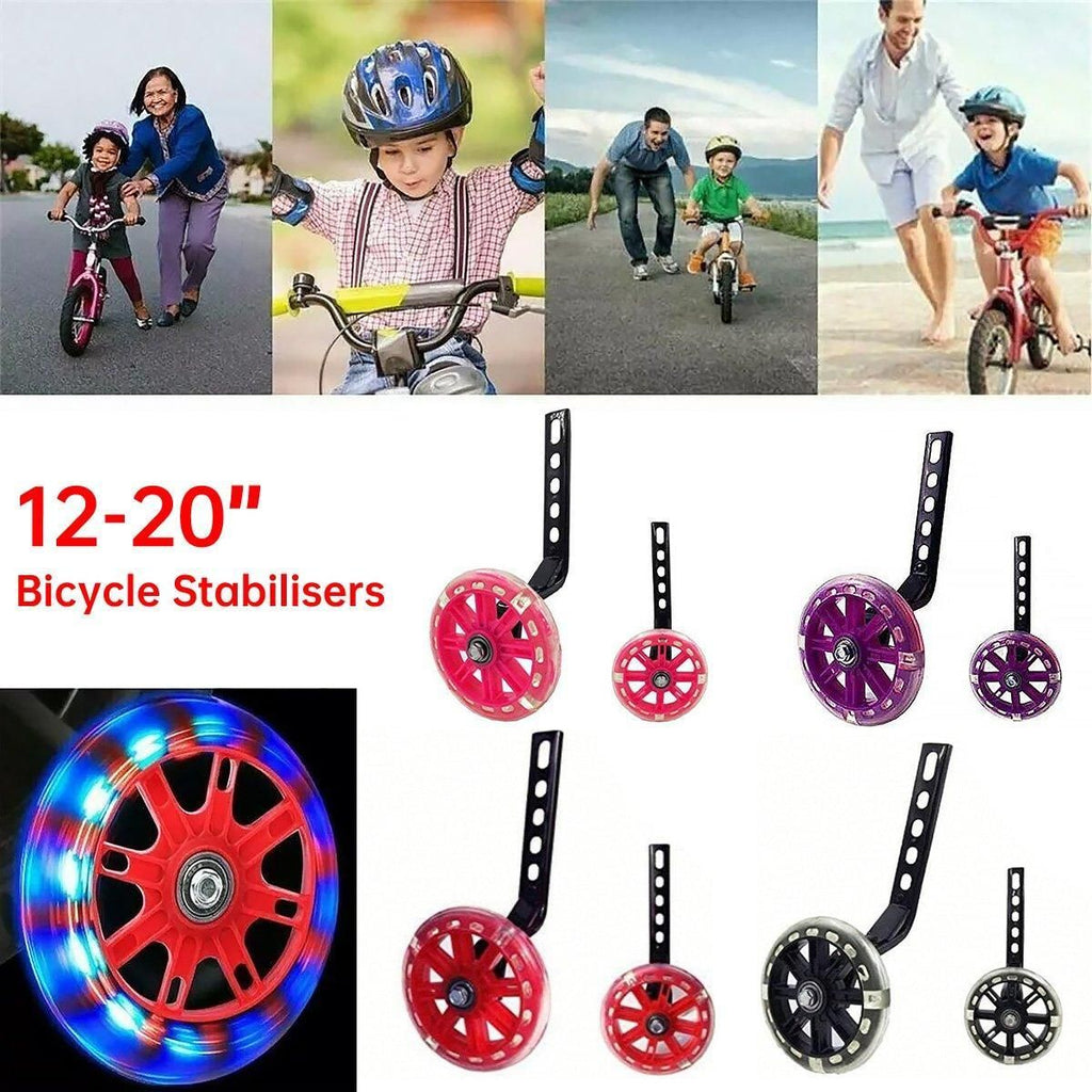 12–20 Inch Bike Training Wheels Flashing PVC Silent Stabilizer Auxiliary Support - Red