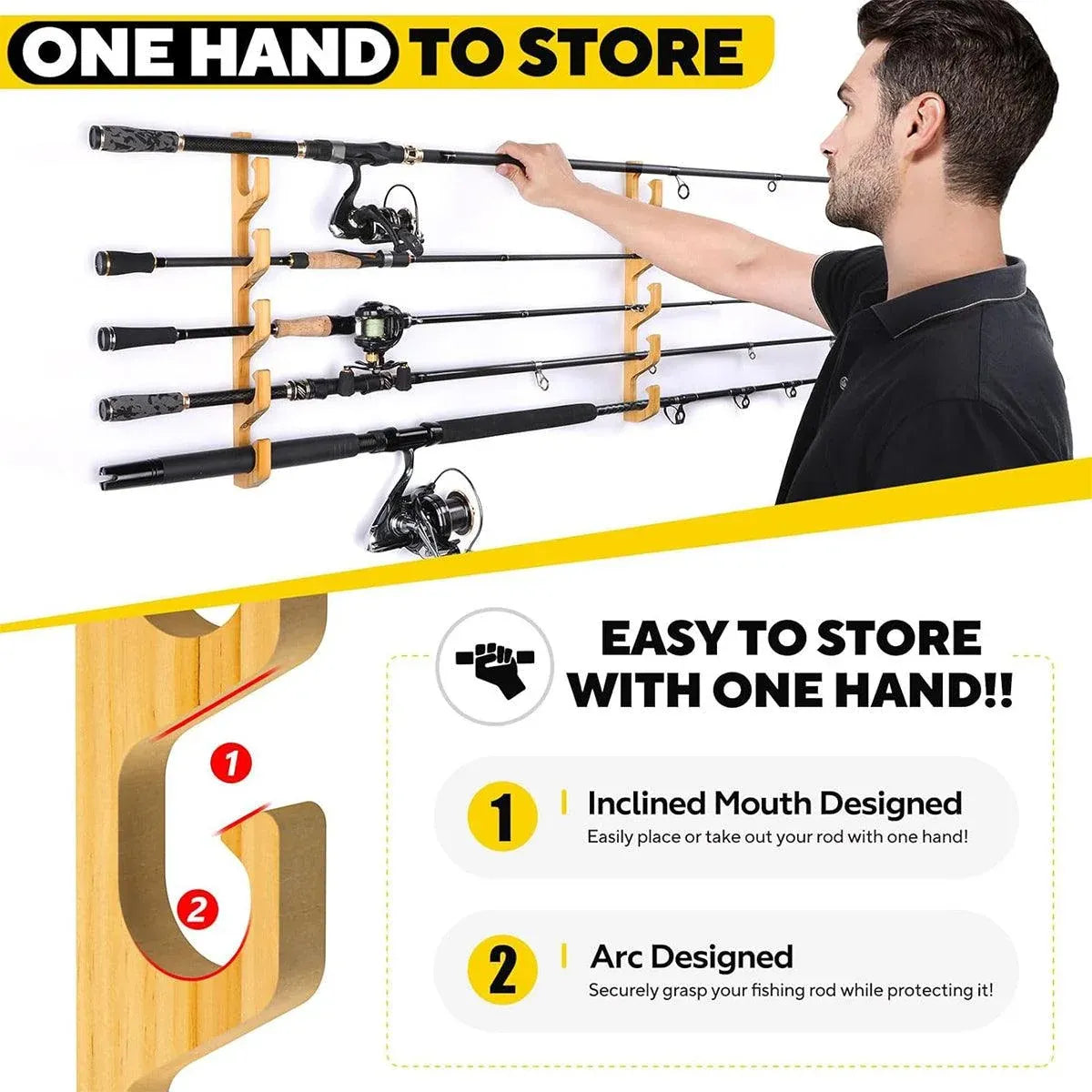 1Pair Bamboo Fishing Rod Holder Wall Mounted Wooden Storage Rack Stand Organizer