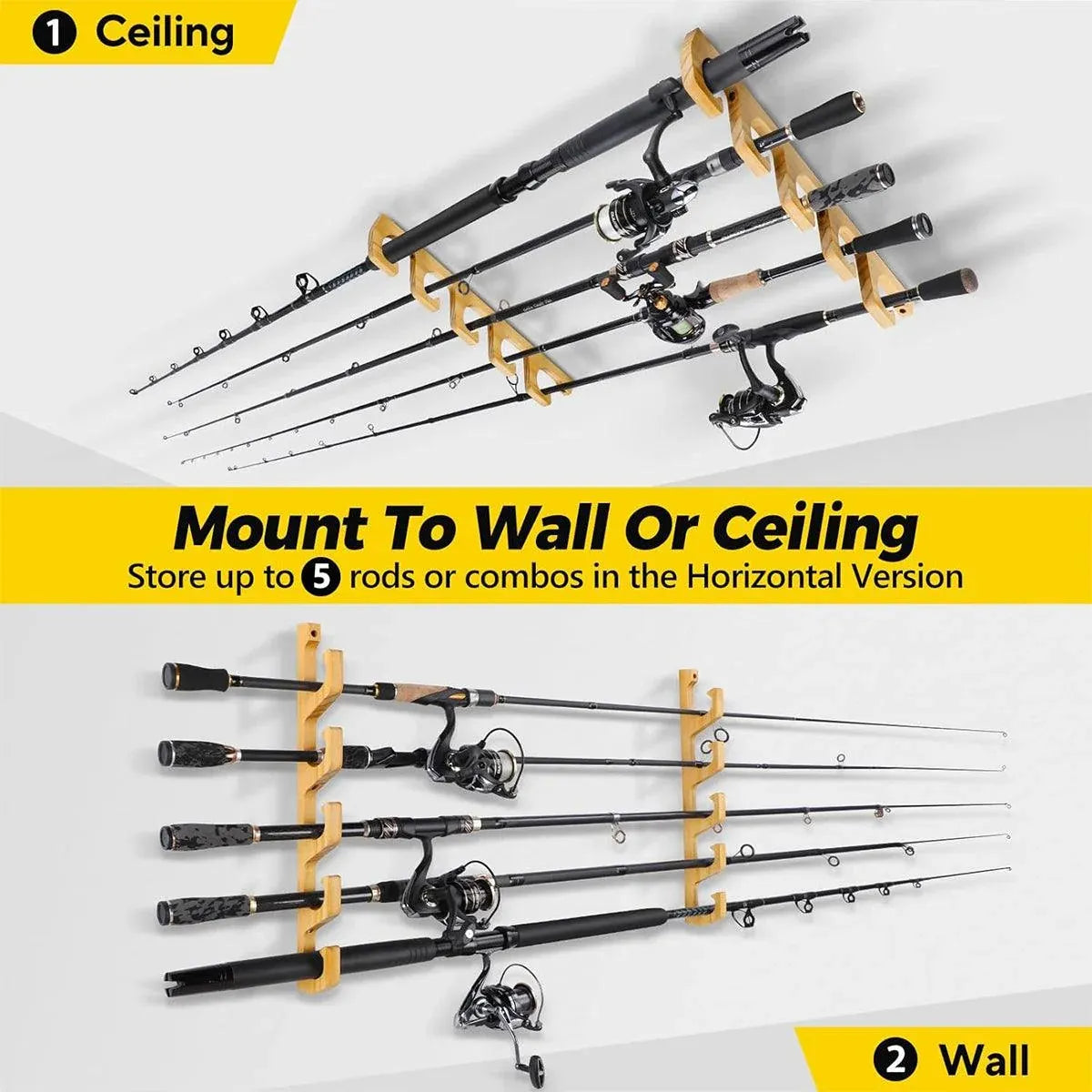 1Pair Bamboo Fishing Rod Holder Wall Mounted Wooden Storage Rack Stand Organizer